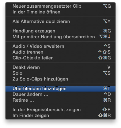 Final Cut Pro X Überblenden hinzufügen im Kontextmenü