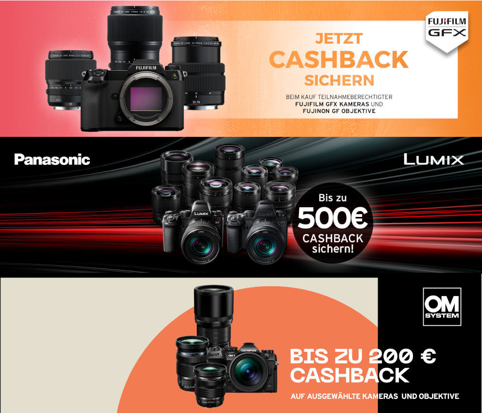 Current savings offers for cameras and lenses from Panasonic, OM, Fujifilm and Tamron.