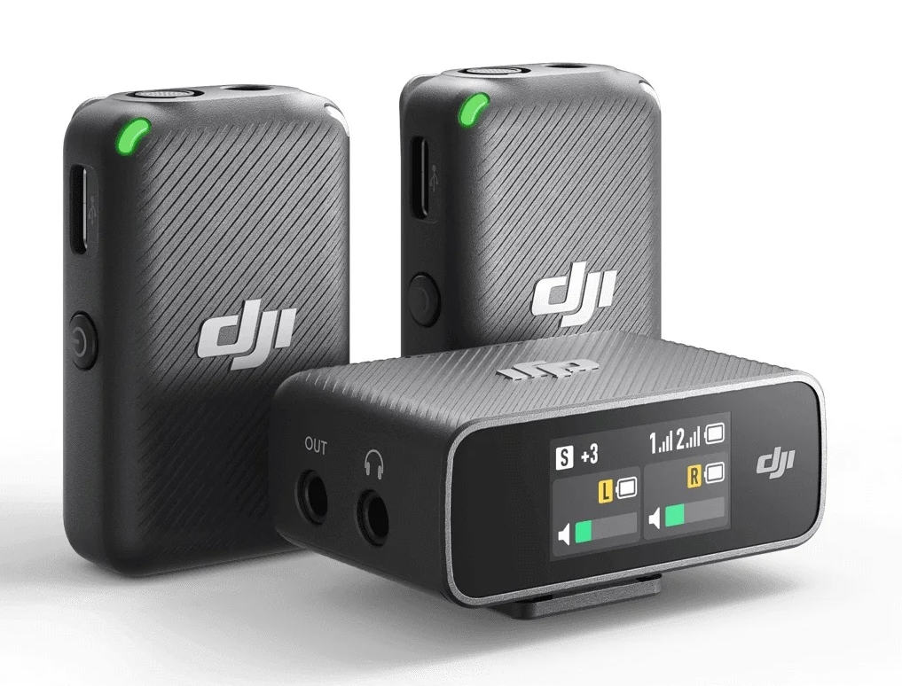 DJI Mic: compact 2-channel wireless microphone system with two transmitters