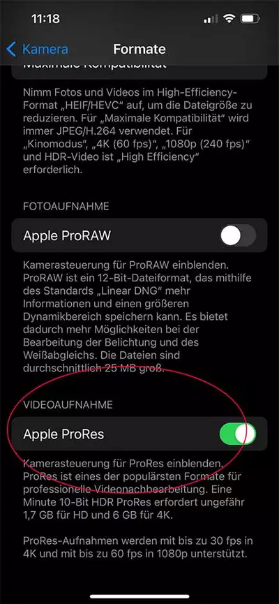 Apple iOS 15.1:  ProRes Video jetzt auch fr native Kamera App auf dem iPhone 13 Pro und Max