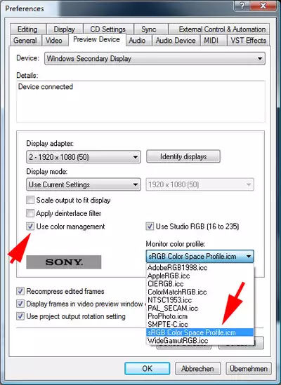 Von 709 über sRGB aufs Auge des Betrachters. Vegas Pro macht dies in den Vorschauoptionen möglich.