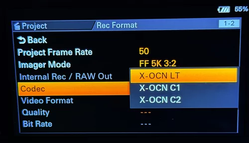 Sony FX5 X-OCN Menue