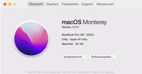 MacBook Pro 16" M1 Max im Performance-Test mit ARRI, Sony, Canon, Panasonic, Blackmagic  Teil 1 : MacBookM1MaxInfo