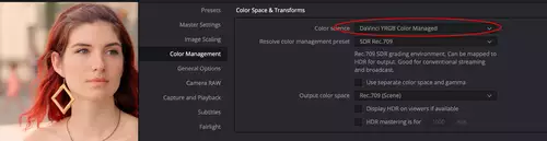 DaVinci YRGB Color Managed findet sich in den Project Settings unter "Color Management".