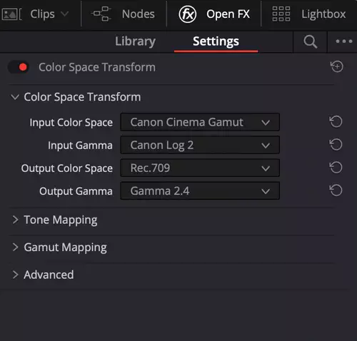 DaVinci Resolve Color Space Transform als Node-Effekt unter OpenFX