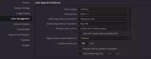 ACES Einstellungen in DaVinci Resolves Color Management