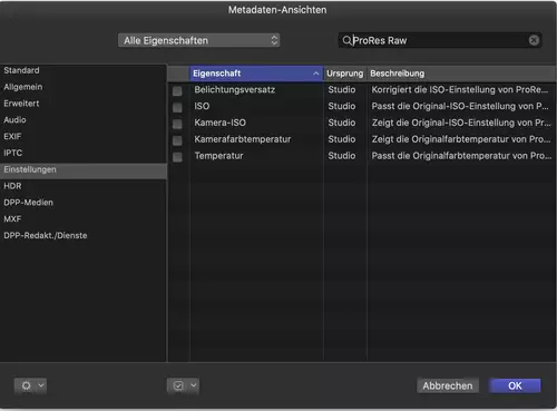 ProRes Raw Metadaten auswählen