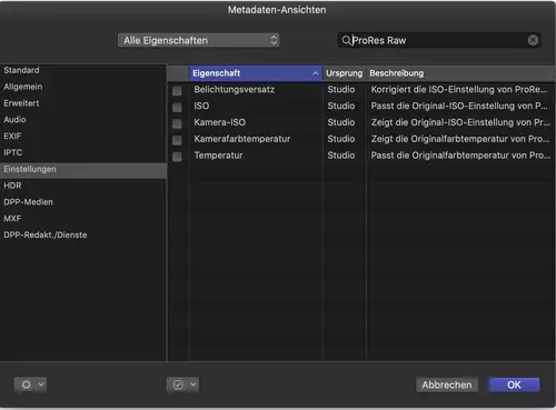 ProRes Raw Metadaten auswhlen