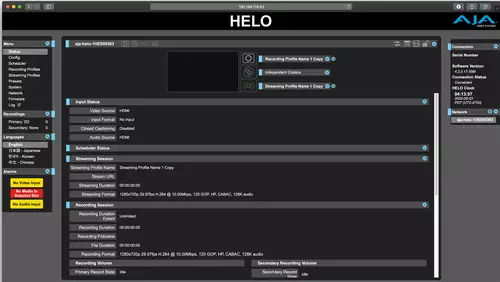 AJA HELO: Professionelles SDI und HDMI Live-Streaming inkl. Remote Webinterface : HeloStatus Menue