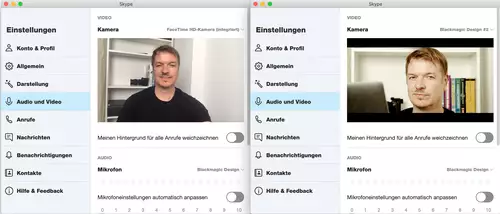 Hier zweimal slashCAM Autor Rob in Skype bei exakt gleichem Licht (Aputure 120d II) und gleicher Position: Einmal integrierte Webcam vom Laptop – einmal Pocket Cinema 4K und ATEM Mini Pro