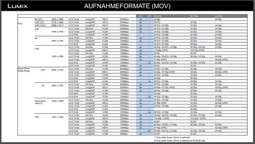 Alle internen Aufzeichnungsformate der Panasonic S1H (MOV)