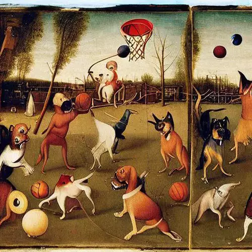 Dogs playing basketball in the style of Hieronymus Bosch 