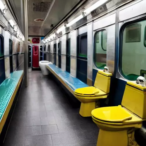subway car toilet bowls and urinals, passengers 