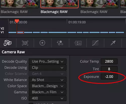 Dynamikumfang: RAW vs LOG: Blackmagic Pocket Cinema Camera 4K vs Panasonic GH5S  : DaVinciResolve-RAW-Exposure