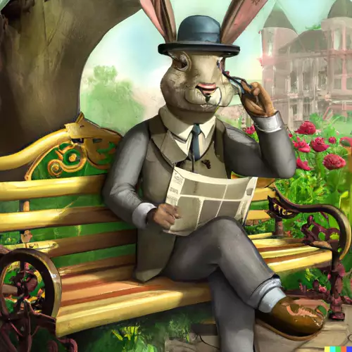 A rabbit detective sitting on a park bench and reading a newspaper in a victorian setting - aus der Entfernung ganz ok 