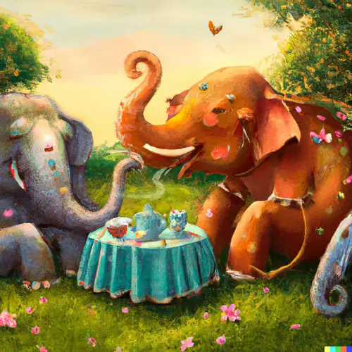 An elephant tea party on a grass lawn 