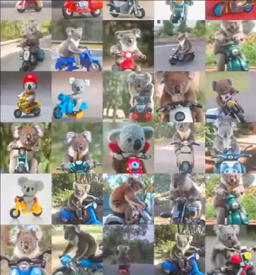 Viele generierte Beispielbilder auf denen Koalas Motorrad fahren 