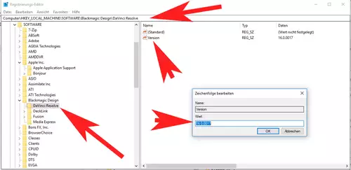 Tricks zur Beta-Installation von DaVinci Resolve : regedit