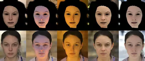 Kombination aus gerendertem Gesicht mit GANStyle2 mit unterschiedlicher Lichtsituation 