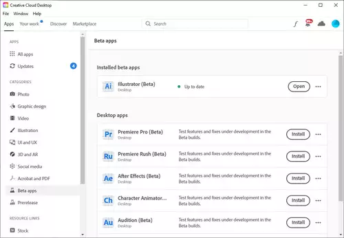 Adobe Creative Cloud Desktop in Beta Apps. 