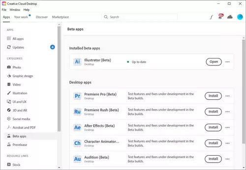 Adobe Creative Cloud Desktop im Beta Apps 