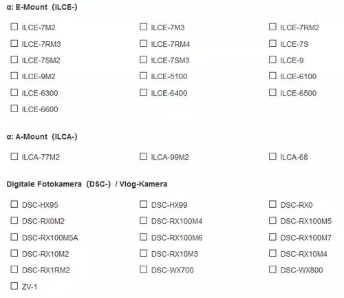 Mit Imaging Edge Webcam kompatible Kameramodelle 