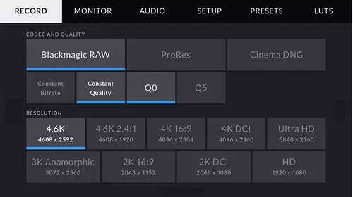 Blackmagic RAW Menu