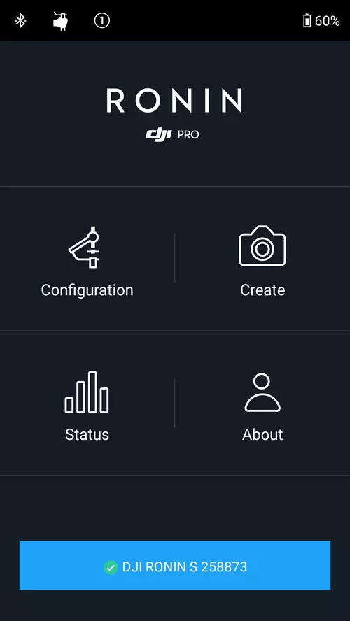  Startscreen der Ronin DJI Pro App mit weiterfhrenden Configuration, Create, Status und About Mens
