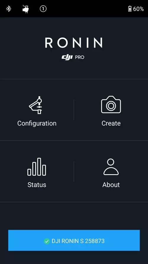 Startscreen der Ronin DJI Pro App mit weiterführenden Configuration, Create, Status und About Menüs