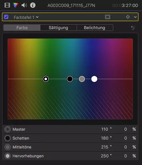 Bislang wenig intuitive "Farbtafel" unter FCPX