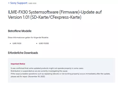 Sony hat mittlerweile den Download fr die neuen Firmware-Versionen gestoppt.  