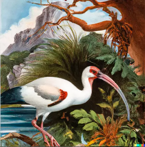 An ibis in the wild, painted in the style of John Audubon 