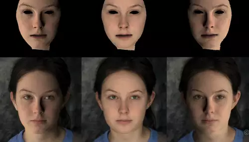 Kombination aus gerendertem Gesicht mit GANStyle2 mit unterschiedlichem Lichteinfall 