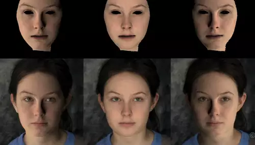 Combination of rendered face with GANStyle2 with different light incidence.