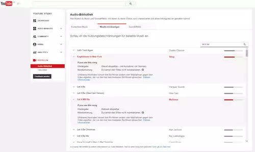 YouTube Soundlibrary mit Copyright Check von Audiotracks