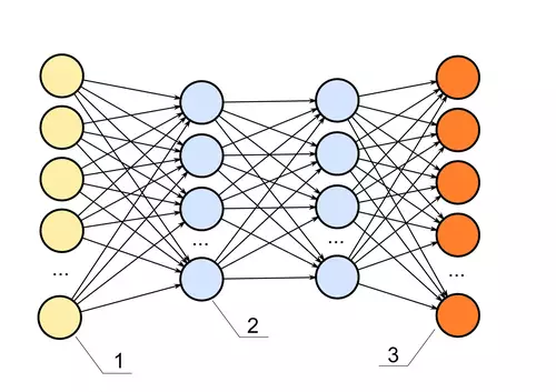 (1)Eingabe Schicht, (2)Zwischenschichten, (3) Ausgabe Schicht