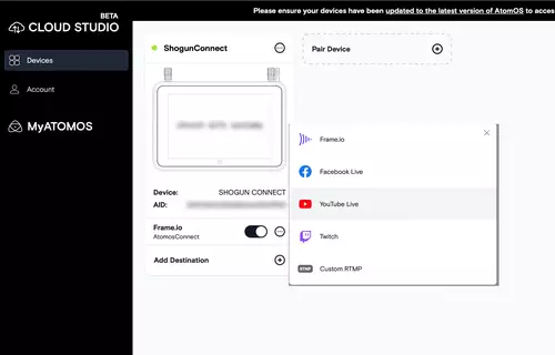 Panasonic GH6 und Atomos Shogun Connect in der (Cloud)Praxis: Proxy-Upload mit LTE-Handy vom Set? : CloudStudioBetaAddDestination