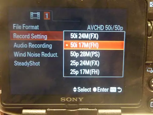 Auswahl Videoformate der Sony SLT-A77