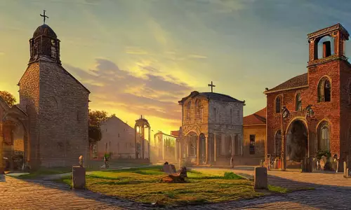photo of a victorian town square at sunrise with a ruined stone church in the middle, by Richard Corben and Giovanni Paolo Panini and Pinkney