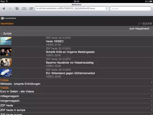 Mediathek des ZDF auf dem iPad