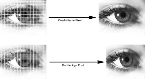 Bei quadratischen Pixeln entspricht die gespeicherte Auflösung dem Seitenverhältnis der tatsächlichen Abbildung, während bei rechteckigen Pixeln die Darstellung auf einem Computermonitor mit quadratischen Pixeln verzerrt wird.