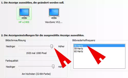 Ist der zweite Monitor ber HDMI angeschlossen erlaubt die Grafikkarte oft 50Hz.