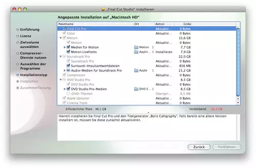 Insgesamt ber 46 GB fr Final Cut Studio 3