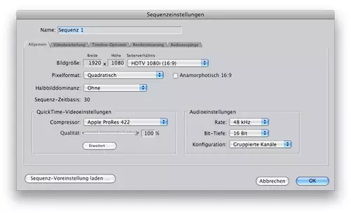 Final Cut Pro Sequenzeinstellungen für ProRes Rendering von EOS Canon 5D MKII Clips