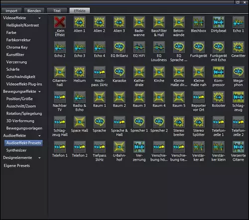 Konzeptbruch - Die Audiofilter liegen nur als Presets in der Effektliste und sind nicht über Keyframes direkt veränderbar.