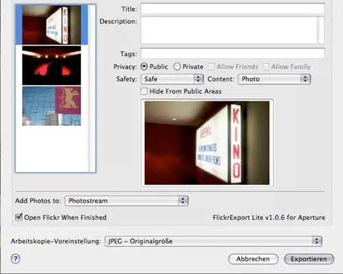 Problemloser Upload ber kostenloses Flickr-Plugin von Connected Flow