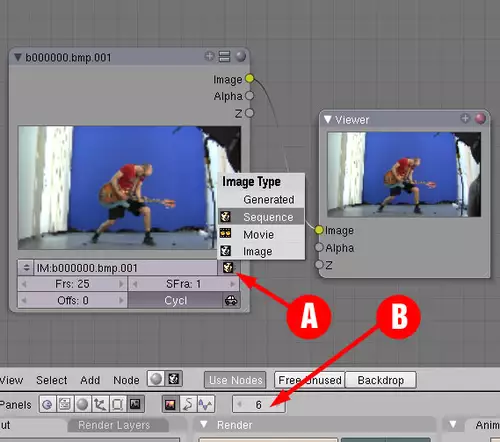 Abbildung 1- Beim Import von Clips gibt es viele Optionen, sobald man einen Filmtyp eingestellt hat (A). Über den Zeit-Marker kann man nun schon in der Vorschau über einen Viewer Node den Video-Clip durchscrollen (B).