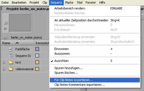 Damit die Clip Note-Optionen im Menü anwählbar sind, muß das Schnittfenster aktiviert sein.