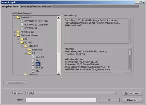 Projektvorlagen für unkomprimiertes Video in Premiere Pro