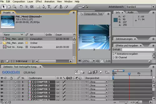 Nach dem Import einer Photoshop-Menü-Vorlage lassen sich die einzelnen Layer bequem in After Effects animieren.